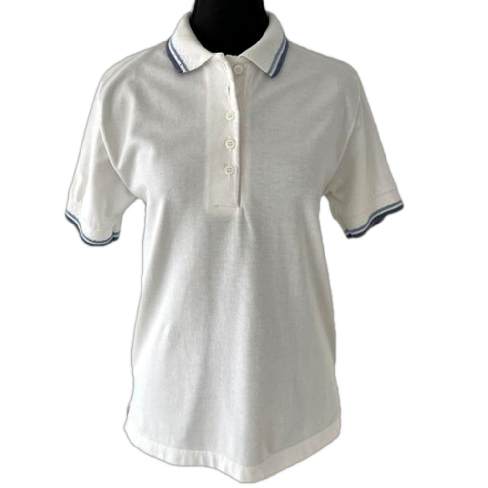 JANTZEN CLASSICS White Polo Shirt Blue Trim Made in Canada Tennis Preppy